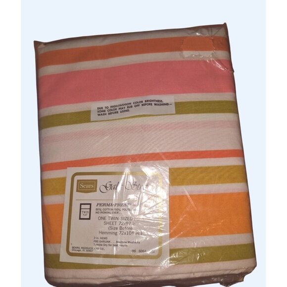 Sears Gala Stripe Twin Bright Fitted Sheet NOS Kitschy Vintage Eclectic New - Picture 5 of 5